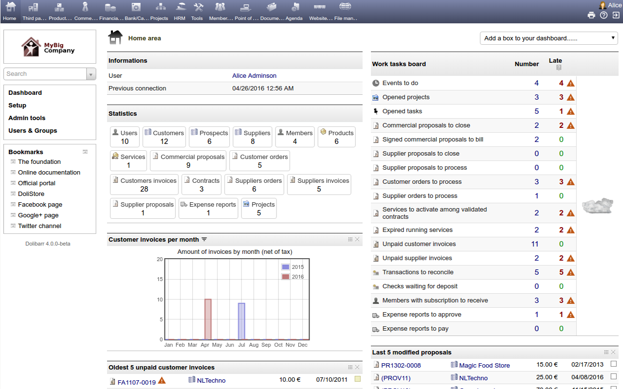 Interface Dolibarr ERP — tableau de bord avec statistiques et tâches en cours