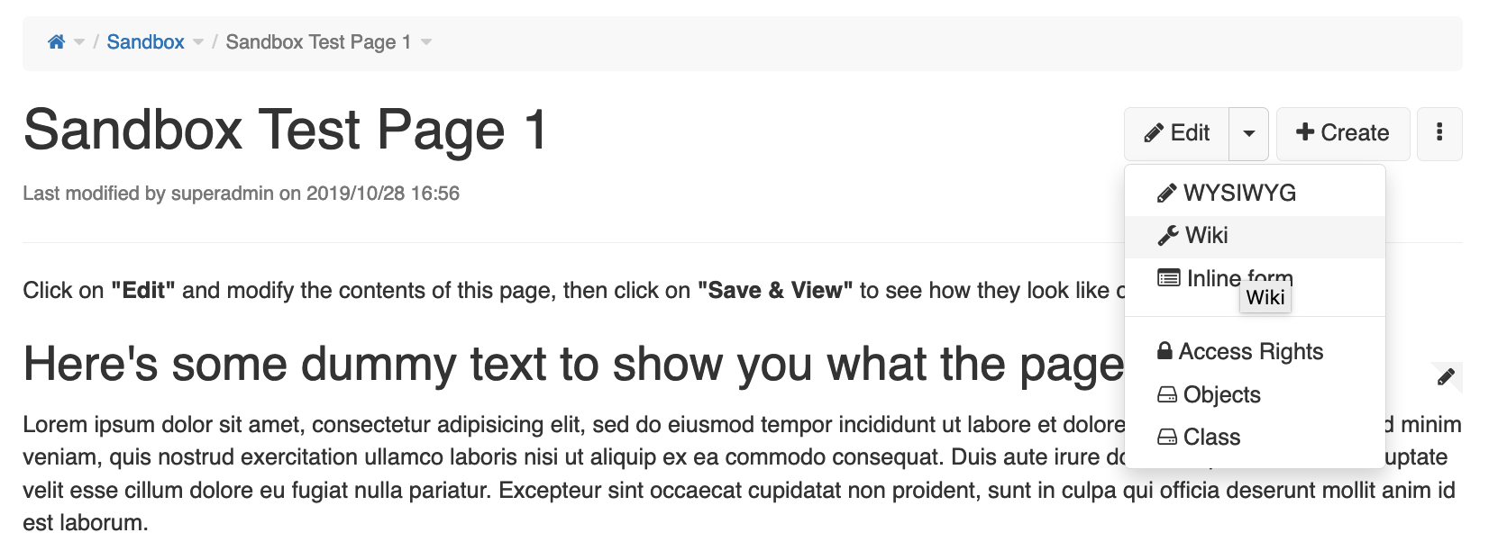 XWiki — edit menu with per-page access rights management