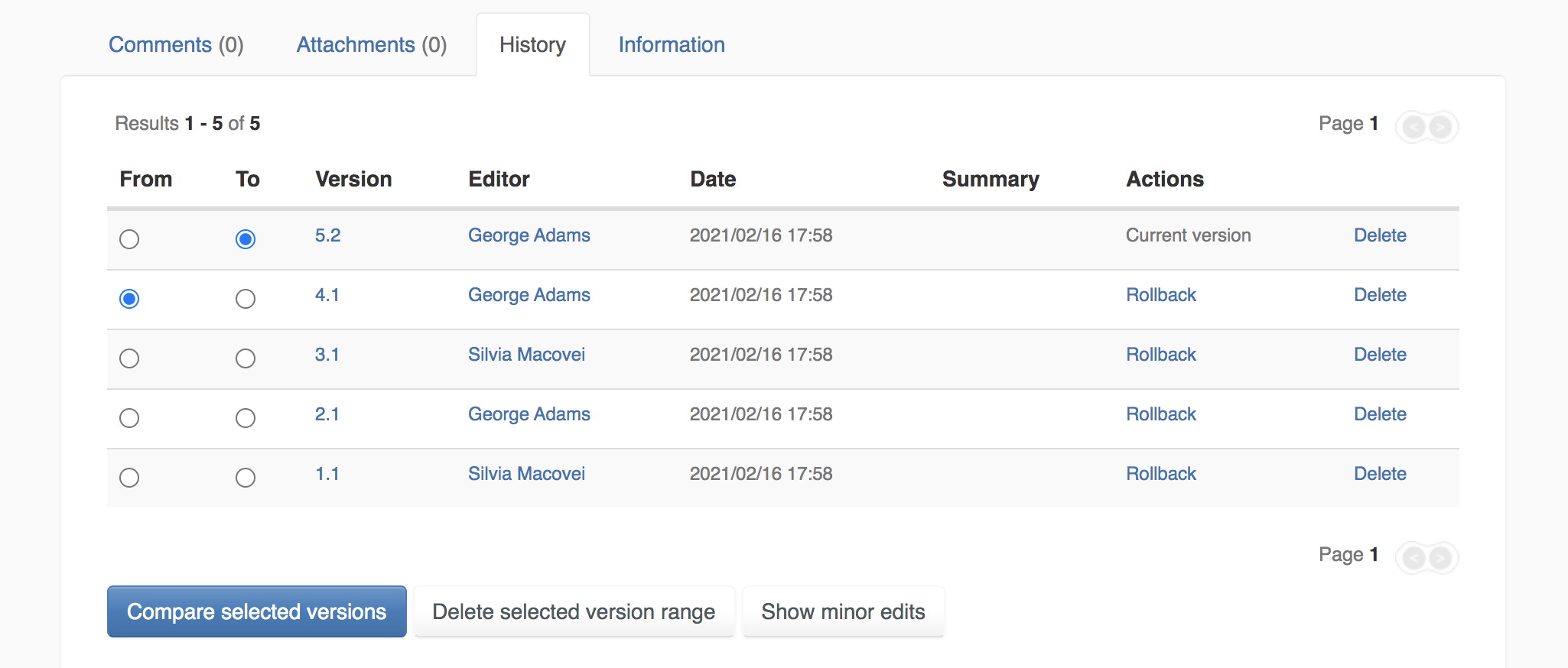 XWiki — onglet de gestion des versions de page