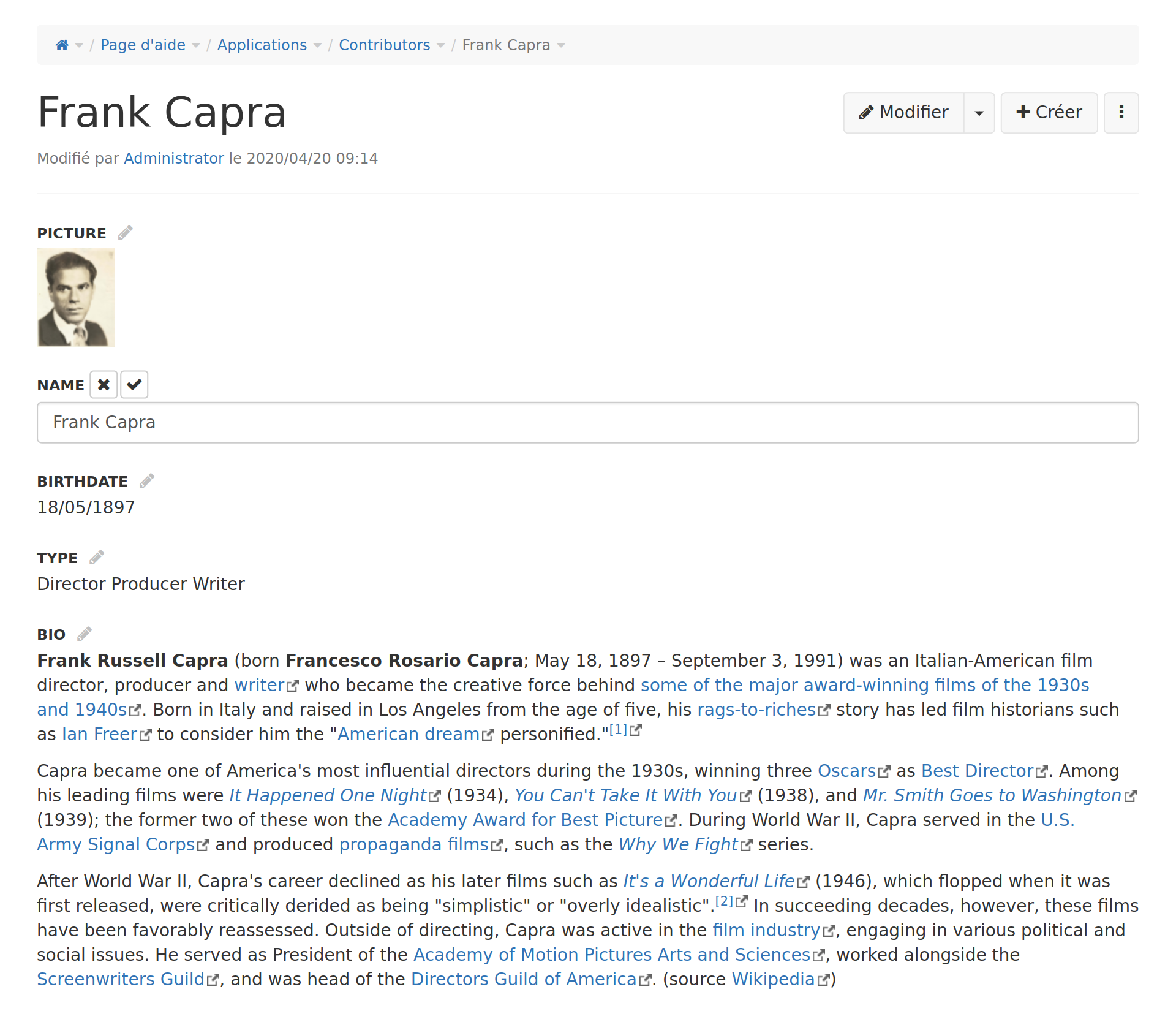 XWiki — édition inline d'une fiche structurée avec champs et formulaires