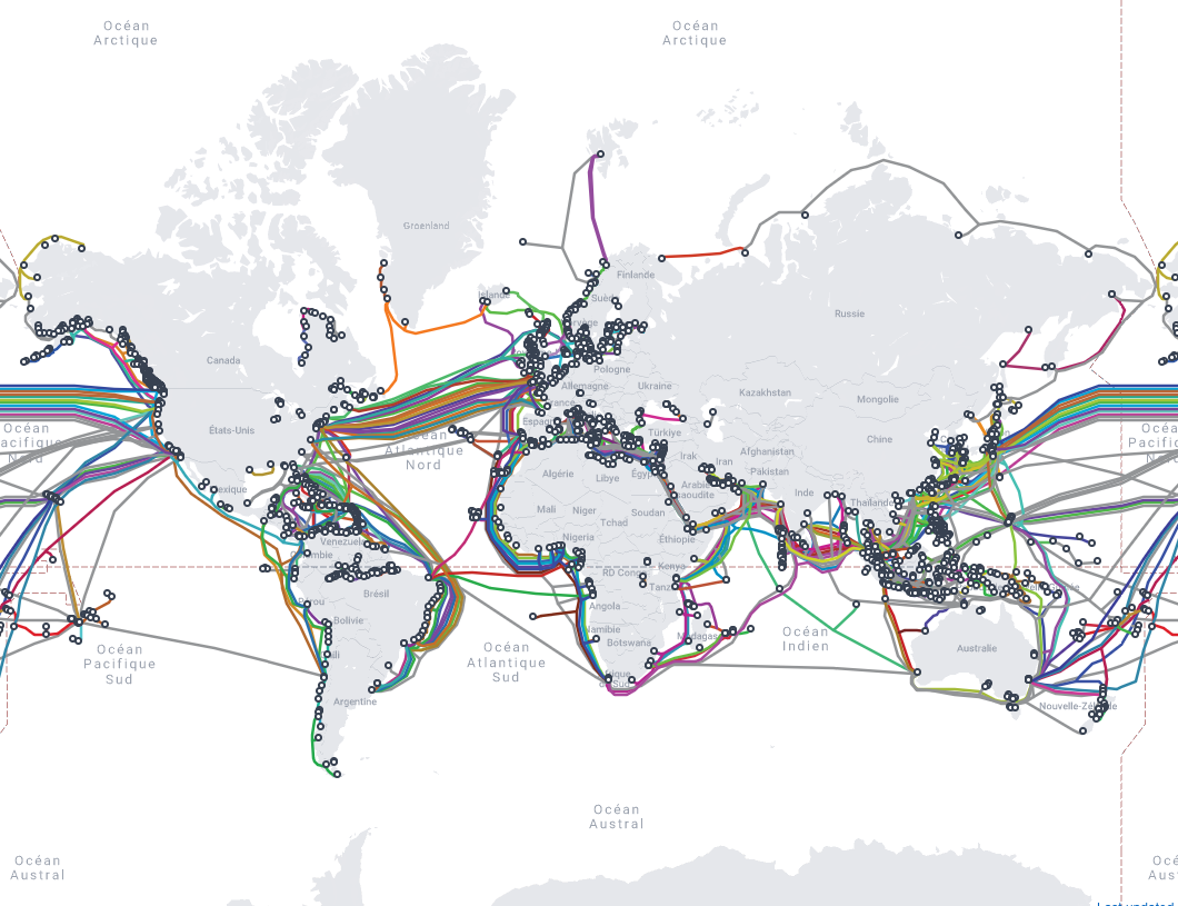 Carte mondiale des câbles sous-marins de fibre optique (TeleGeography)